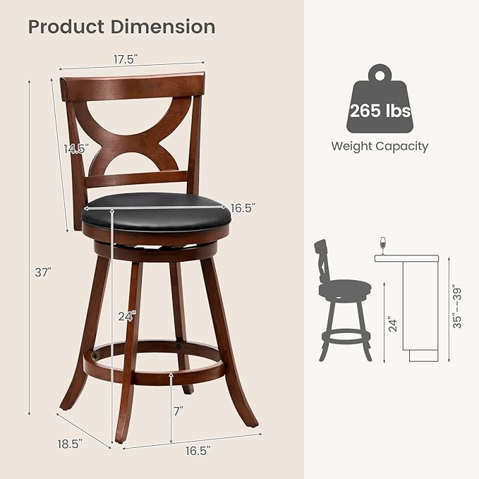 COSTWAY Bar Stools Set of 4, 360-Degree Swivel Chairs with Soft Cushion & Elegant Hollow Backrest, Rubber Wood Footrests, Upholstered Swivel Counter Stools for Kitchen Island, Pub, Café (4, 24‘’)