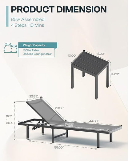 Pool Lounge Chairs Set of 3 (2 Loungers + 1 Side Table)，Outdoor Lounge Chairs with Wheels and 5-Position Recliner, Aluminum Patio Lounge Chair for Poolside, Deck (Darkgray)