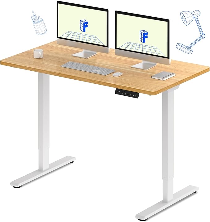 FLEXISPOT E3 Dual Motor Electric Standing Desk 55x28 Inch Whole-Piece Board Height Adjustable Electric Sit Stand Desk (White Frame + Maple Desktop, 2 Packages)