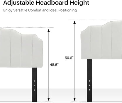 Queen Size Headboard White Upholstered Headboard Adjustable Height&Width Velvet Headboards Modern Vertical Channel Design Bed Head Board, White
