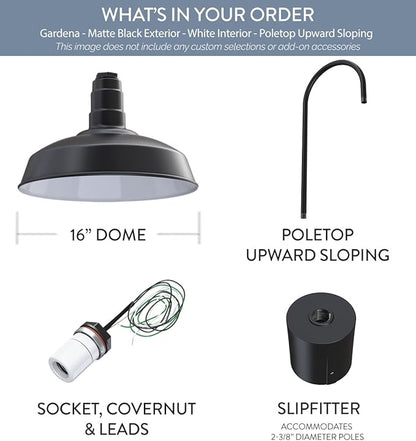 Steel Lighting Co. Gardena Barn Light | Outdoor Pole Top Mounted | 16" Dome | Upslope Gooseneck with Slip Fitter for 2-3/8" Standard Poles | Made in America | Matte Black Exterior/White Interior