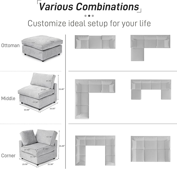 WJShome Cloud Couch Modular Sectional Sofa,67" L Shaped Couch, Convertible Wide Seater, 2 Seater+Ottoman for Living Room Set,Covers Washable&Replaceable,Gray