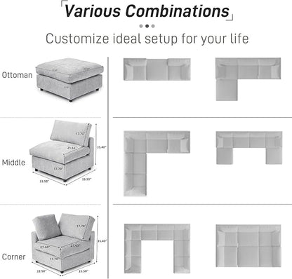 WJShome Cloud Couch Modular Sectional Sofa, 134" U Shaped Couch for Livingroom, Oversized Convertible Wide Seater with 2 Ottomans Living Room Set, Covers Washable&Replaceable,Gray