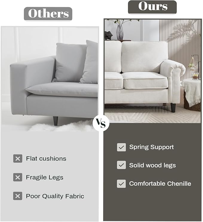 Kingfun 3 Seater Couch, Mid Century Modern Sofa with Rolled Arms and Deep Seats, Fluffy Comfort for Living Room, Apartment, Easy Assembly, Beige