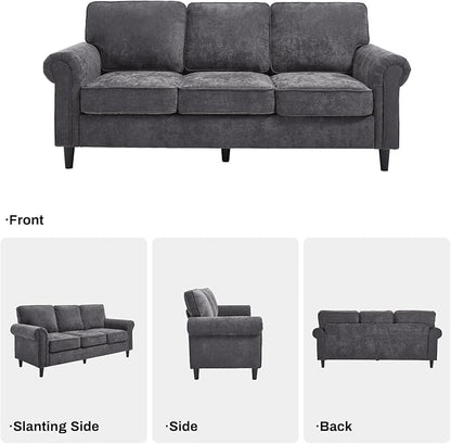 Kingfun 3 Seater Couch, Mid Century Modern Sofa with Rolled Arms and Deep Seats, Fluffy Comfort for Living Room, Apartment, Easy Assembly, Gray