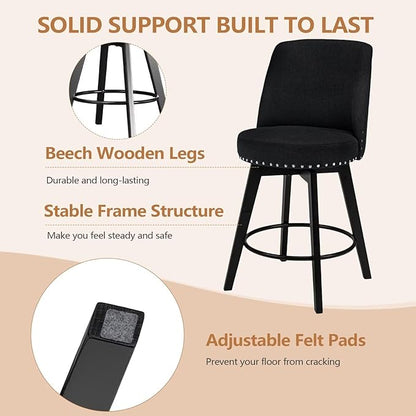 MINCETA Bar Stools Set of 2, 26 Inch Upholstered Barstools with High Back and Footrest, Swivel Counter Height Barstools for Kitchen Island Home Bar Black