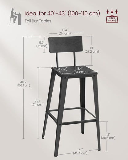 VASAGLE Set of 4 Bar Stools, Bar Height Stools, 29.1 Inches Tall Barstools with Back, Counter Bar Chairs for Kitchen Island, Steel Frame, Industrial Style, Easy Assembly, Ash Black and Ink Black