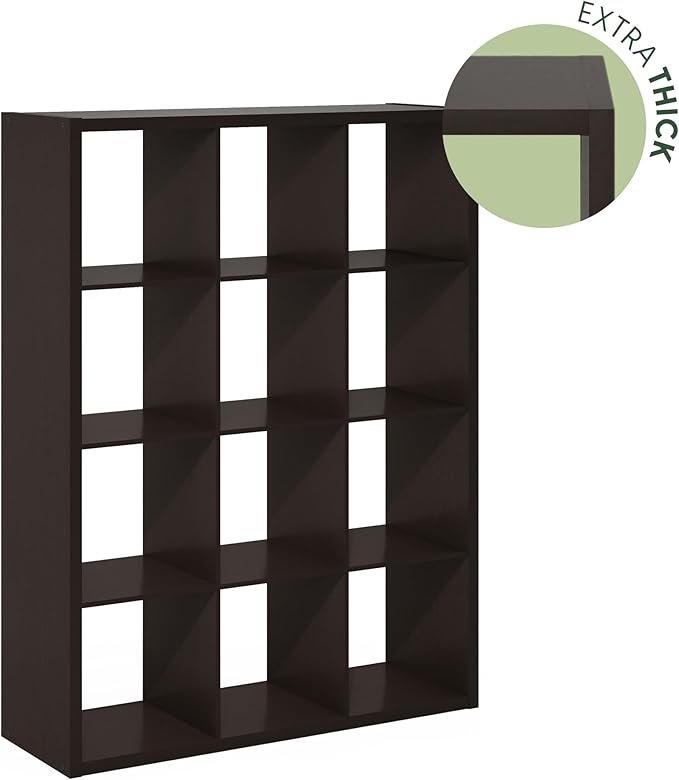 Furinno Cubicle Book Shelf, 12-Cube Thick Frame Bookshelf, Reversible Bookcase with Open Back, 14.6 x 43.8 x 58, for Living Room, Bedroom, Home Office, Black Dark Oak