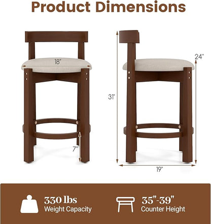 COSTWAY 24” Counter Height Bar Stools Set of 2, Linen Upholstered Bar Chairs with Backrests and Footrests, Wood High Barstools for Kitchen Island and Dining Room (Walnut)