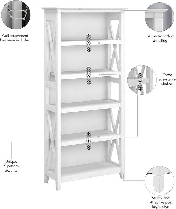 Bush Furniture Tall 5 Shelf Bookcase for Living Room or Home Office, Large Bookshelf, Modern Farmhouse Style, Key West Collection, Pure White Oak