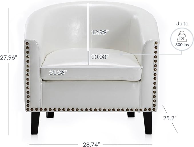 BELLEZE Accent Barrel Chairs Set of 2, Modern Tub Club Chairs Upholstered Armchairs for Living Room, Faux Leather Chairs with Gold Nail Head Trim Black Legs - Kyara (White)