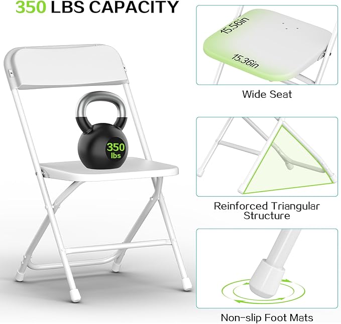 Folding Chairs 20 Pack,White Plastic Folding Chair for Indoor Outdoor,Portable Stackable Commercial Seat with Steel Frame 350lb.Capacity for Party Events Wedding Dining Picnic Office