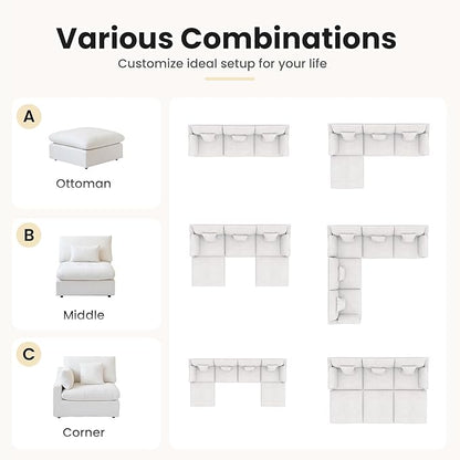 154" Modular Sectional Sofa Cloud Couch,Oversized Linen V-Shaped Sectional Sofa with Deep Seat, U-Shape 6-Seater Couch with Ottoman for Living Room in White