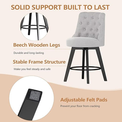 MINCETA Set of 4 Upholstered Bar Stools - 26 Inch Swivel Counter Height Stools with Low Tufted Back, Footrest & Performance Fabric - Round Seat for Kitchen Island & Home Bar Gray and Beige