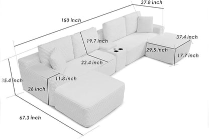 150" Oversized Modular Sectional Sofa,Deep Seat Cloud Corduroy Boneless Couch with Cup Holders,USB Ports, Wireless Charging & Storage Box,Upholstered Modular Sleeper Sofa for Living Room (Black)