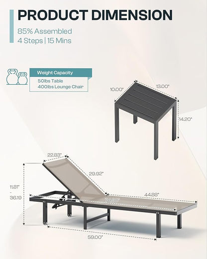 Pool Lounge Chairs Set of 2，Outdoor Lounge Chairs with Wheels and 5-Position Recliner -Easy to Move- Aluminum Patio Lounge Chair for Poolside, Deck (Khaki)