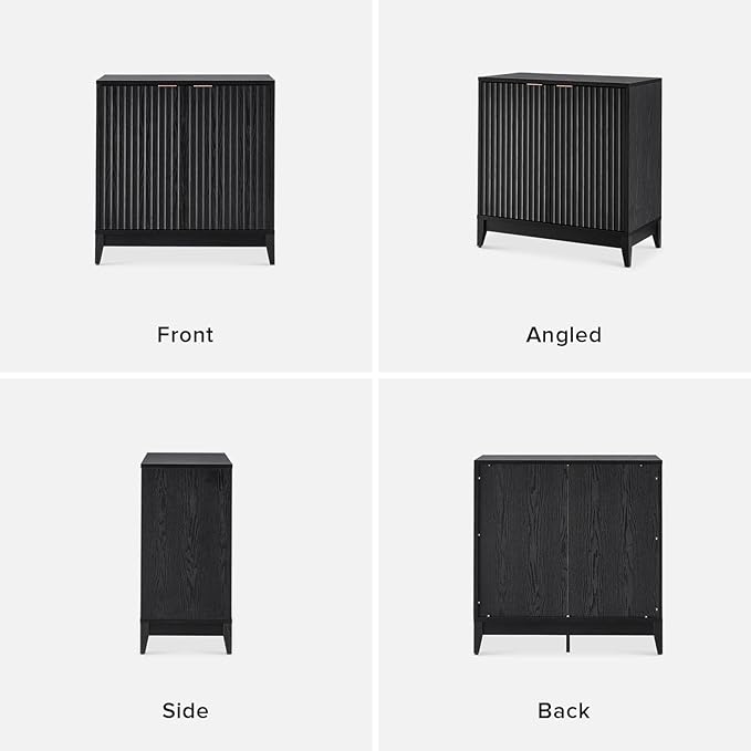 mopio Brooklyn Storage Cabinet, Modern Farmhouse Entryway Accent Case, Buffet Sideboard, Console Table, Credenza, Wood Modular Organizer with Doors & Shelf, Fluted Panel Cupboard (Black, Set of 2)