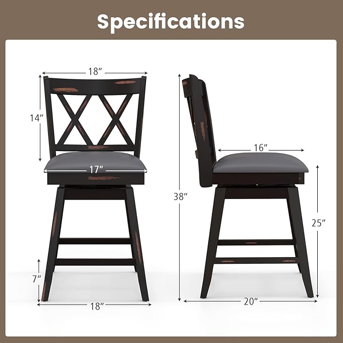 COSTWAY Bar Stool Set of 2 for Kitchen Island, 25" Counter Height Chair with Ergonomic Backrest, Foot Rest, Waterproof PVC Surface & Solid Wood Structure, 360°Swivel Farmhouse Barstool with Back