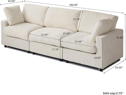 WJShome Modern Sectional Couches for Living Room,100 Inch 3-Seater Chenille Deep Seat Modular Sofa, Cloud Couch for Bedroom and Apartment，Beige