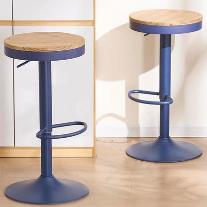Kidol & Shellder Bar Stools Set of 2 Round Adjustable Swivel Barstools Modern Backless Bar Chairs Wooden Seat Counter Height Stools Armless for Kitchen Island, Cafe, Dining Room Blue