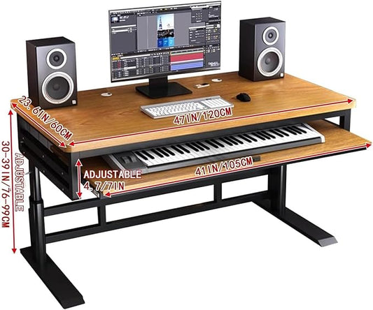 Studio Desk with Keyboard Tray | Hand-Crank Adjustable Standing Desk Workstation for Music Production, Cable Management, MIDI Keyboard Shelf (White, 47in)