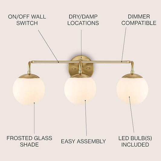 JONATHAN Y JYL3536A Louis Parisian Globe 25" 3-Light Metal/Frosted Glass Modern Contemporary LED Vanity Midcentury Glam 2700K LED 4W Bulbs Entryway Lobby Kitchen Bathroom Bedroom Hallway, Brass Gold
