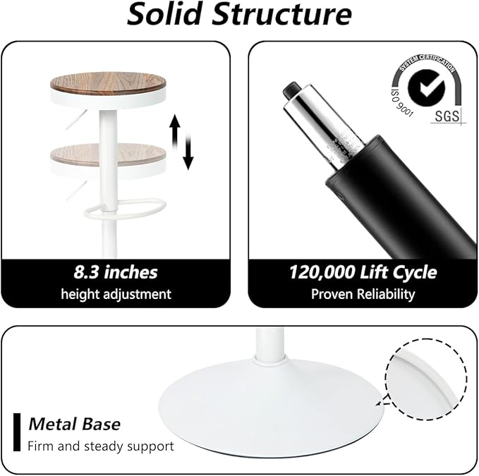 Kidol & Shellder White Bar Stools Set of 6 Adjustable Swivel Backless Barstools Modern Round Counter Height Stools Wooden Seat Armless Bar Chairs for Kitchen Island, Cafe, Dining Room