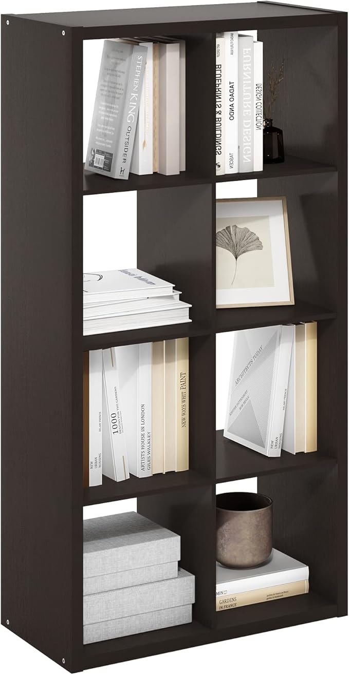 Furinno CUBICLE Book Shelf, 8-Cube Thick Frame Bookshelf, Horizontally & Vertically Reversible Bookcase with Open Back, 14.6 x 30 x 57.9, for Living Room, Bedroom, Home Office, Black Dark Oak