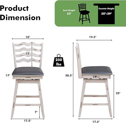 COSTWAY Bar Stools Set of 4, 25” 360° Swivel Counter Height Chairs with Rubber Wood Frame, Cushioned Seat, Ergonomic Backrest & Footrest, Wooden Upholstered Barstools for Kitchen Island (4, 25”)