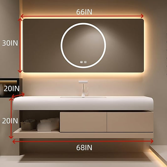 68IN Bathroom Vanity with Sink - Bathroom Cabinet Set has 2 Drawers & Overflow Hole Wall Mounted | LED Practical Defogging Mirror, Open Compartments, Seamless Rock Slab Basin (Khaki)