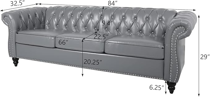 Chesterfield 3 Seater Sofa, Modern Leather Tufted Couch 3 Seater with Rolled Arms and Nailhead Mid-Century Upholstered Couch for Living Room, Bedroom, Apartment and Office, Grey