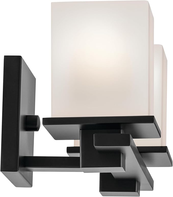 KICHLER Tully 15" 2-Light Vanity Light with Satin Etched Cased Opal Glass in Black for Over a Vanity, Soft Modern Style, (15" x 6.5" x 7"), 45150BK