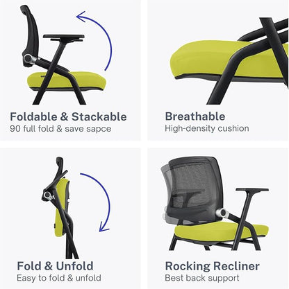 2 Pack Foldable Office Chairs with Wheels, Mesh Back, Arms and Portable - Folding Office Chairs for Conference Room Chair, Office Guest & Reception & Meeting Chair - (Green) 300 lbs.