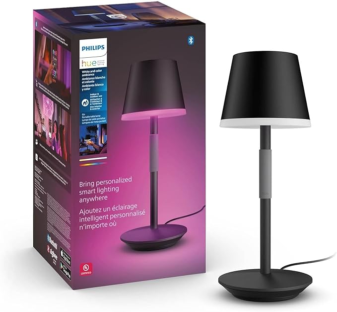 Philips Hue Go Smart Portable Table Lamp, 1 Pack, Black, White and Color Ambiance LED Color-Changing Light, Smart LED Lamp for Indoor and Outdoor Use, Control with Hue App or Voice Assistant
