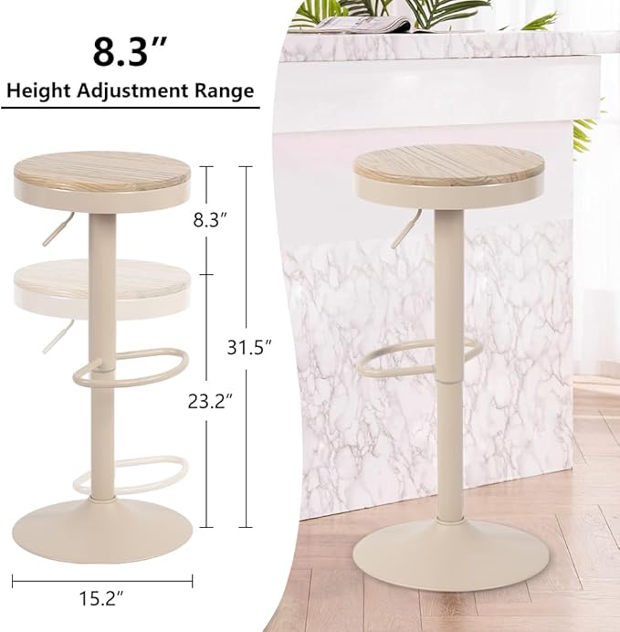 Kidol & Shellder Bar Stools Set of 4 Round Adjustable Swivel Barstools Modern Backless Bar Chairs Wooden Seat Counter Height Stools Armless for Kitchen Island, Cafe, Dining Room (Khaki)