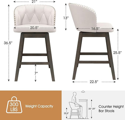 COSTWAY Counter Height Bar Stools Set of 4, Fabric Upholstered Island Stools with 360° Swivel Seat & Button-Tufted Back, Modern Pub Stools with Solid Rubber Wood Frame (Beige,4)