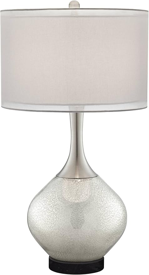 Possini Euro Design Swift Modern Table Lamp 30 1/2" Tall with Round Black Marble Riser Mercury Glass Chrome Double Drum Shade for Bedroom Living Room Nightstand Bedside Night Stand Office Kids Room