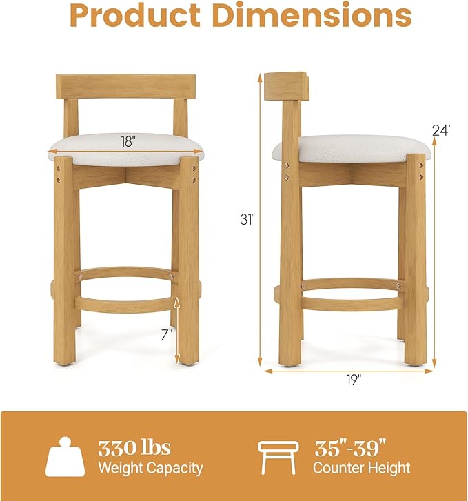 COSTWAY 24'' Counter Height Bar Stools Set of 4, Teddy Velvet Upholstered Bar Chairs with Backrests and Footrests, Wood High Barstools for Kitchen Island and Dining Room (Natural)