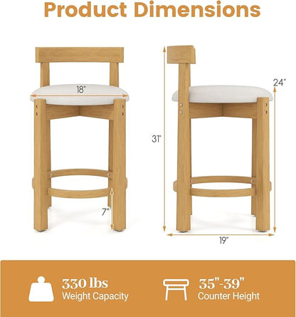 COSTWAY 24'' Counter Height Bar Stools Set of 4, Teddy Velvet Upholstered Bar Chairs with Backrests and Footrests, Wood High Barstools for Kitchen Island and Dining Room (Natural)
