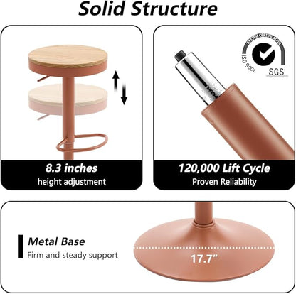 Kidol & Shellder Bar Stools Set of 6 Round Adjustable Swivel Barstools Modern Backless Bar Chairs Wooden Seat Counter Height Stools Armless for Kitchen Island, Cafe, Dining Room Terracotta