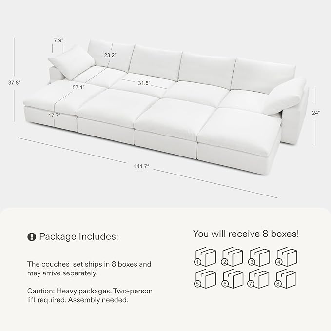 Modular Cloud Sofa, 141.7" Cloud Sectional Couches with Deep Seat, 4-Seat Couch with Ottoman for Living Room, Modern Comfy Couch with Washable Cover, Wide Armrest (White,4 Ottomans)