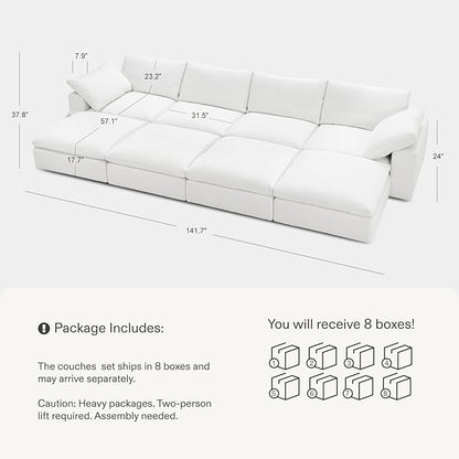 Modular Cloud Sofa, 141.7" Cloud Sectional Couches with Deep Seat, 4-Seat Couch with Ottoman for Living Room, Modern Comfy Couch with Washable Cover, Wide Armrest (White,4 Ottomans)
