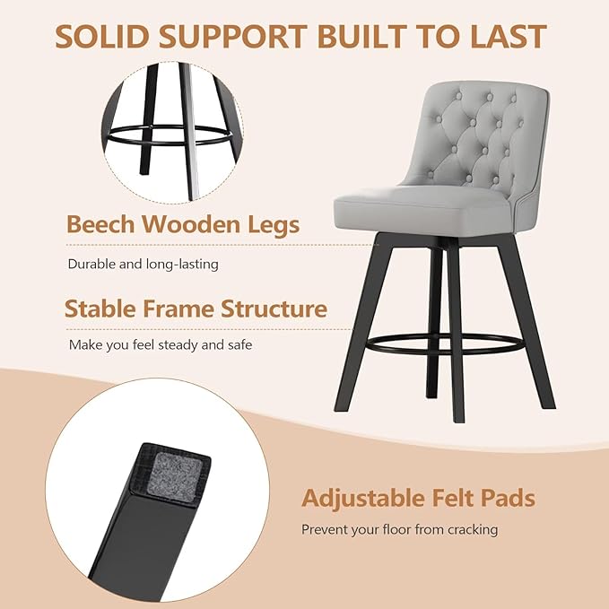 MINCETA Bar Stools Set of 4, PU Leather Barstools, 26 Inch Upholstered Counter Stools with Low Tufted Back and Footrest, Swivel Counter Height Barstools for Kitchen Island Home Bar Light Gray