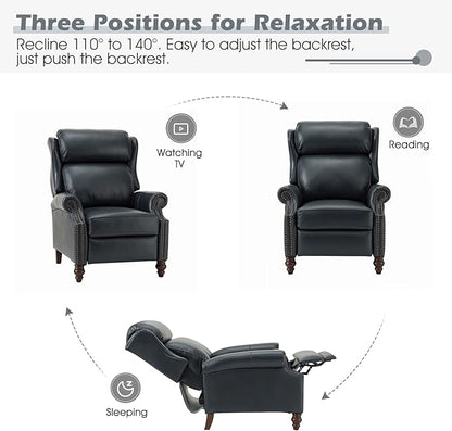 HULALA HOME Genuine Leather Recliner Chair, Traditional Manual Pushback Comfy Seating for Living Room, Thick Cushion & Solid Wood Legs, Wingback Recliner with Nailhead Trim, Navy-S2