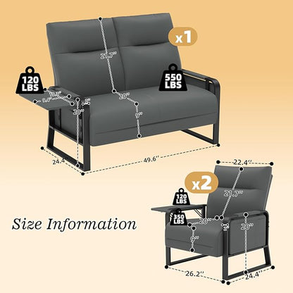 Faux Leather Sectional Couches for Living Room 3 Piece Loveseat and Chair Set with Flip Up Tray Tables Side Pockets Modern Modular Sectional Sofa for Office (2-Seat+1-Seat+1-Seat, Gray)