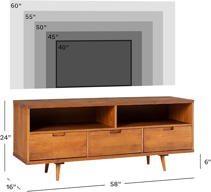 Walker Edison 3-Drawer Mid Century Modern Wood TV Stand for TV's up to 65" Flat Screen Cabinet Door Living Room Storage Entertainment Center, 58 Inch, Caramel