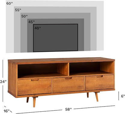 Walker Edison 3-Drawer Mid Century Modern Wood TV Stand for TV's up to 65" Flat Screen Cabinet Door Living Room Storage Entertainment Center, 58 Inch, Caramel