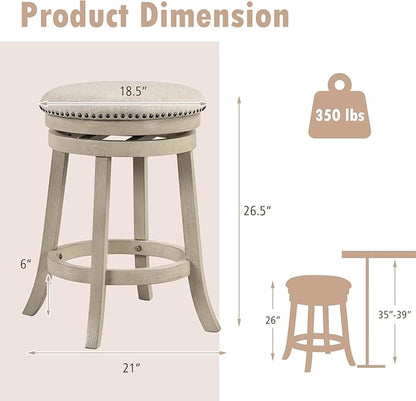 COSTWAY 360° Swivel Bar Stools Set of 2, 26.5-inch Height Upholstered Round Barstools with Wooden Frame, Seat and Footrest, Backless Solid Wood Counter Stools for Kitchen Island Bistro Pub, Beige