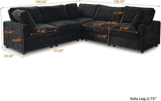 WJShome V Shaped Sectional Couch 100 Inch 5-Seater Modern Modular Sofa,Chenille Deep Seat Couches for Living Room, Bedroom and Apartment，Black