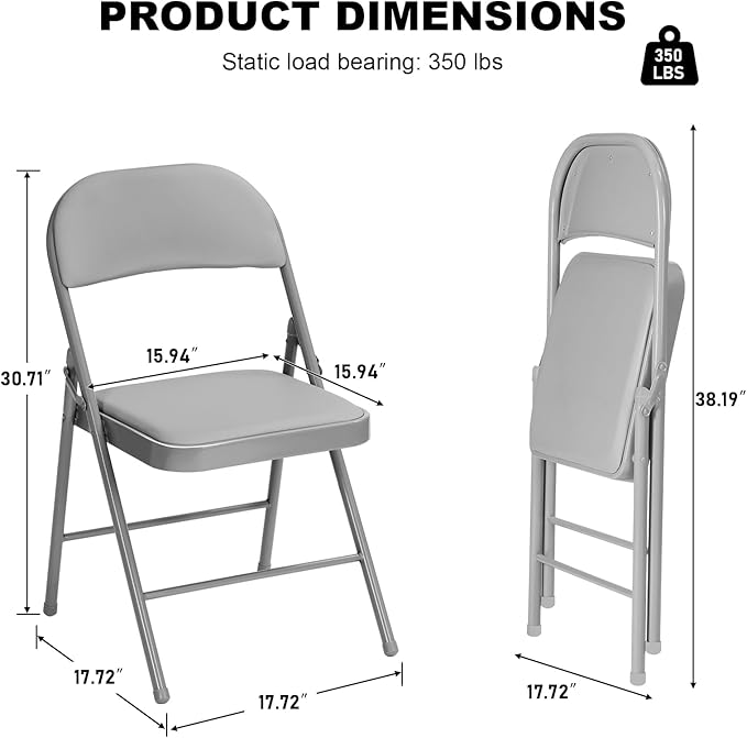 30 Pack Gray Folding Chairs with Padded Cushion for Outside, Portable Stackable Commercial Metal Foldable Chairs with Steel Frame for Home Events Office Wedding Party, 350lbs Capacity